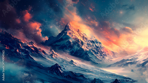 Starry Snowscape Majestic Mountains Bathed in Twilight Hues © koko