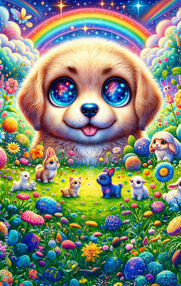 Cute puppy above a dreamy meadow surrounded by strange creatures