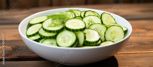 A white bowl filled with freshly sliced green cucumbers sits atop a wooden table. The vibrant green cucumbers provide a refreshing and crisp appearance against the white bowl.