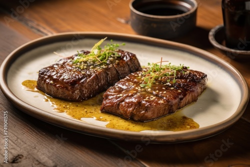 a plate of steak on a wooden table