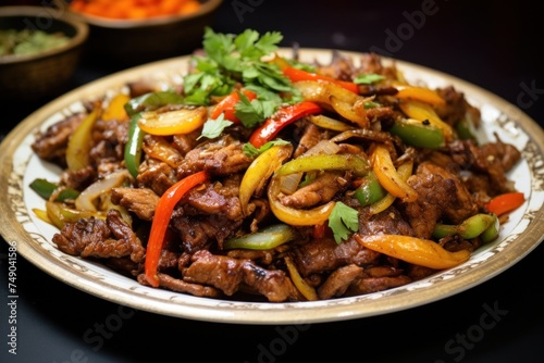 a plate of food on a black surface