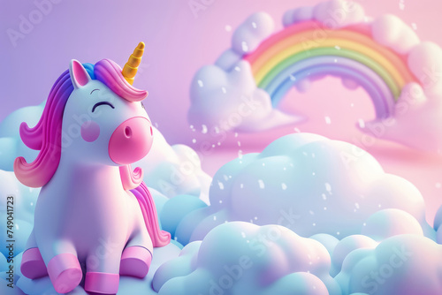 Amazing sky with rainbow and fluffy clouds with unicorn. Pink unicorn with a rainbow in the background with space for text or inscriptions
