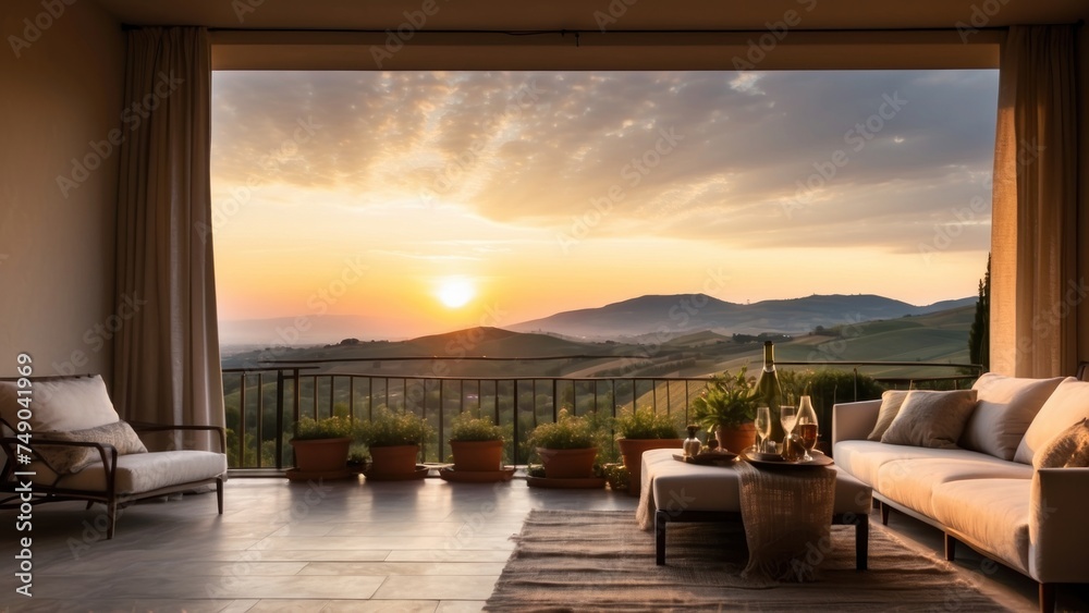 Fototapeta premium Breathtaking sunrise over the rolling hills of Tuscany from your private terrace