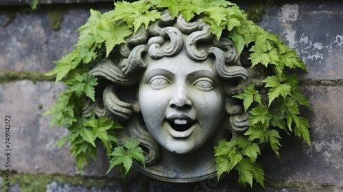a stone sculpture of a woman's face with ivy growing on it