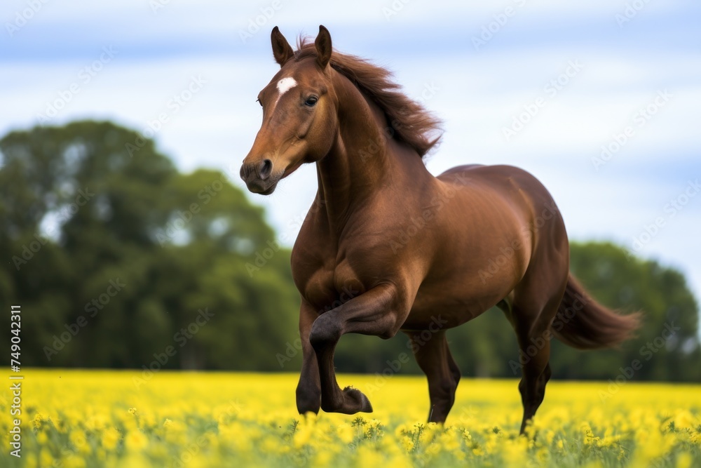 Obraz premium a horse running in a field of yellow flowers