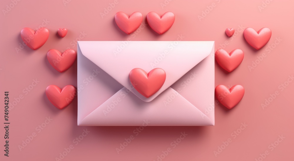 a pink envelope with hearts around it