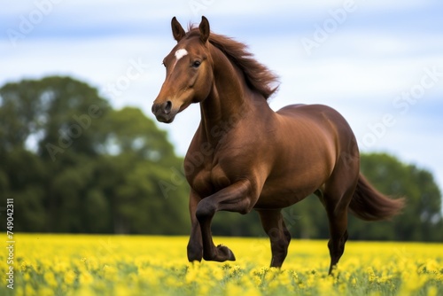 a horse running in a field of yellow flowers