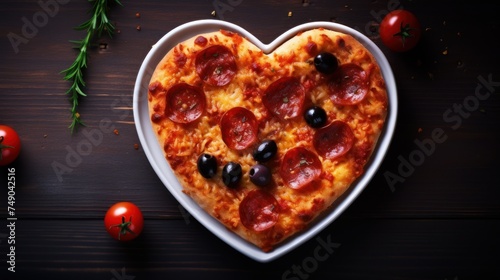 a heart shaped pizza with olives and pepperoni on it