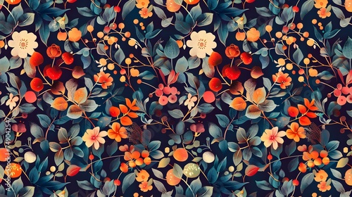 Collage contemporary orange floral and polka dot shapes seamless pattern photo