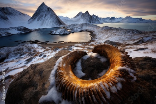 an animal horn on a rocky shore with snow and mountains in the background