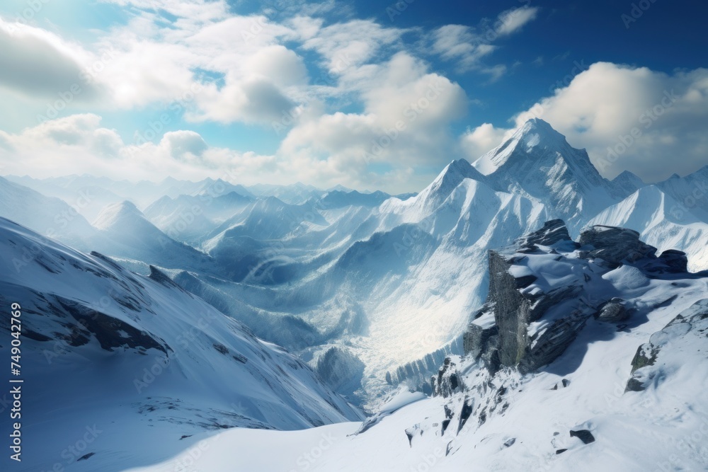 a snowy mountain range with clouds in the sky