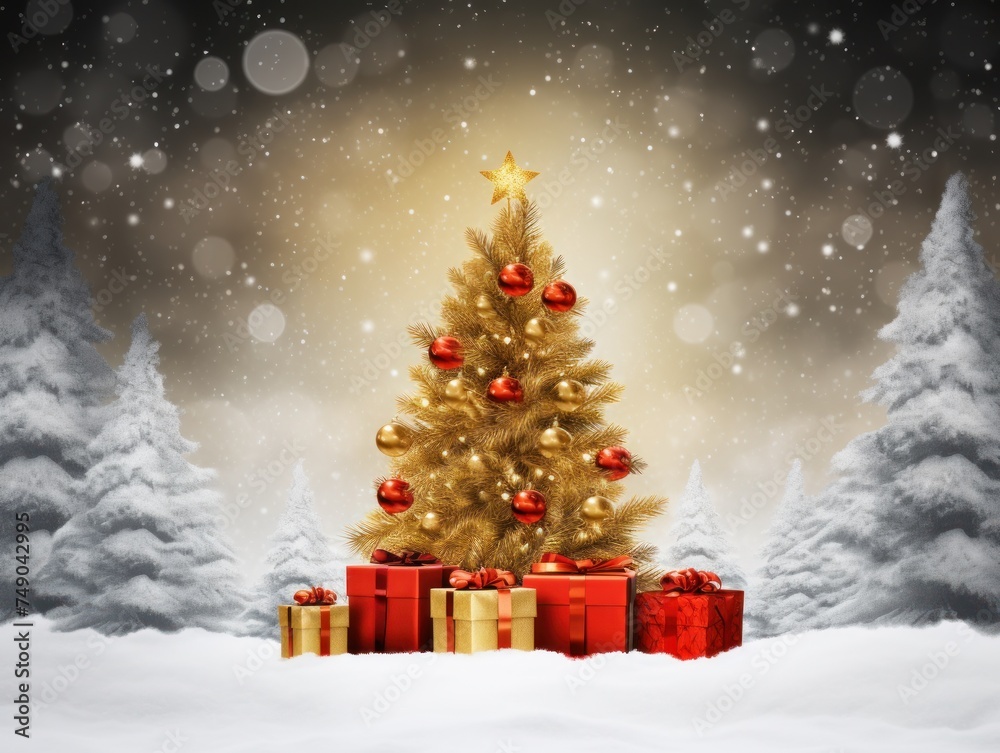 Obraz premium a christmas tree with presents in the snow
