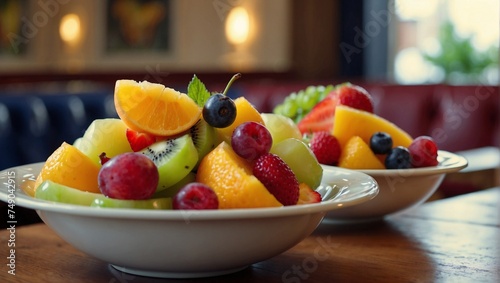 Fruit salad plates  strawberries  orange  kiwi  blueberries  restaurant background