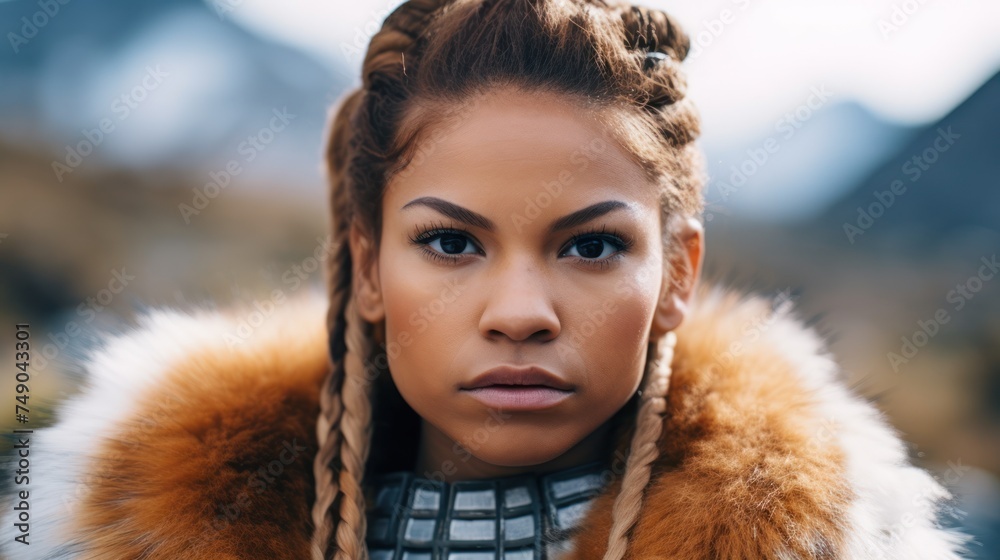 a woman with braids in a fur coat - obrazy, fototapety, plakaty 