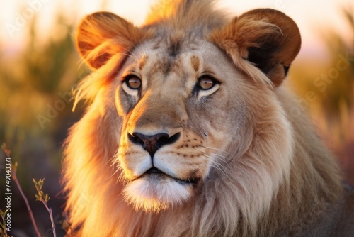 a lion looking towards the camera