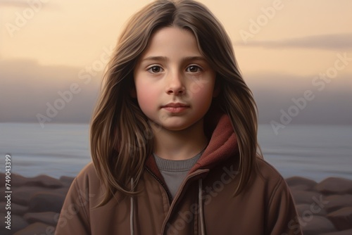 a girl with long hair wearing a brown jacket