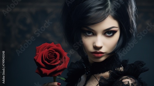 a woman holding a red rose