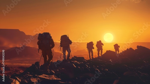 A group of explorers trekking through a rocky desolate landscape with silhouettes stark against the vast empty horizon representing the challenge and aweinspiring majesty