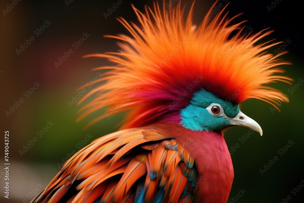 a colorful bird with orange and blue hair