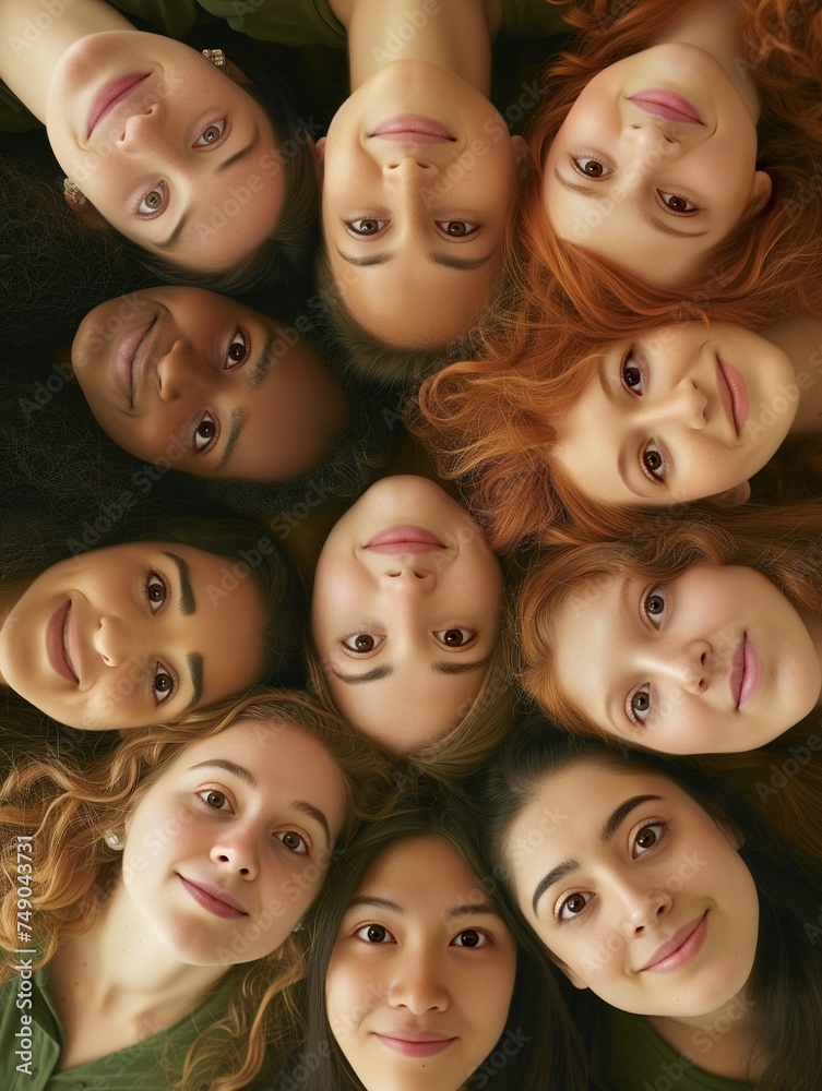 Group of women in circle, upside down, curious geometrical or symmetrical arrangement, fun multiple portrait with many girls, twisted mashup of smiling faces of different skin color and ethnicity