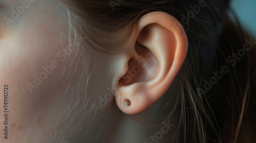 Close-up image of a woman's ear with a small round silver earring measuring 3mm in diameter. The woman has long brown hair and fair skin. The image shows a side view with no visible face.