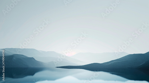 Serenity at Sunrise: Minimalist Mountain Landscape with Calm Lake and Soothing Color Palette © Ning