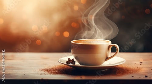 a cup of coffee with steam and star anise