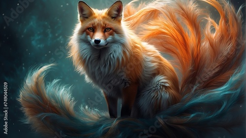 An enchanting digital painting of a regal fox with a fiery orange tail surrounded by dark blue, misty forest, exuding mystery © JohnTheArtist