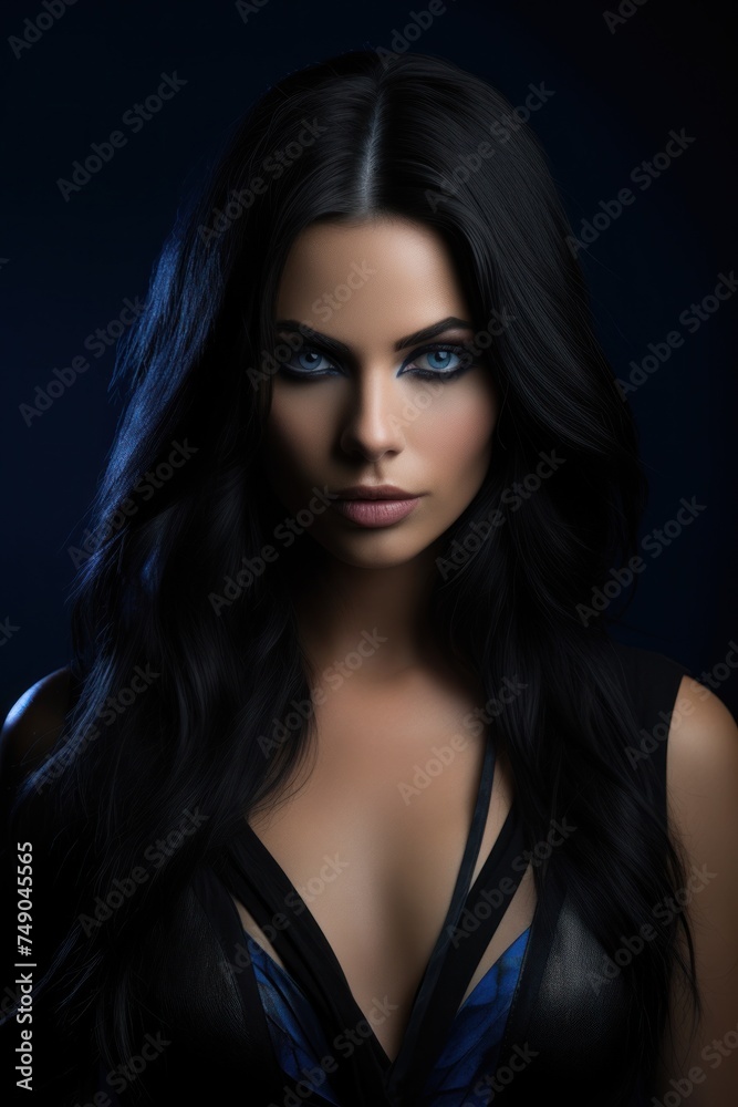 a woman with long black hair and blue eyes