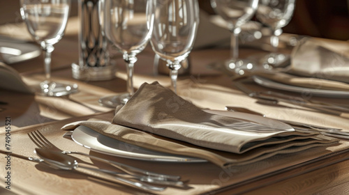 Silver lery and crystal stemware are carefully arranged alongside earthtoned cloth napkins creating a refined yet natural feel.