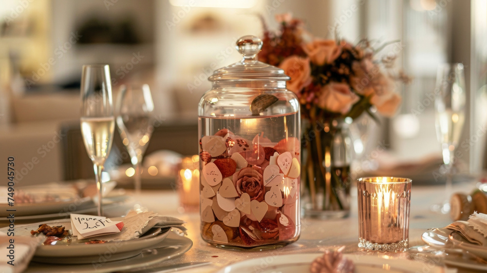 A jar filled with love notes written by guests for their loved ones rests alongside champagne flutes and delicate stemware making this Valentines Day celebration one to remember.