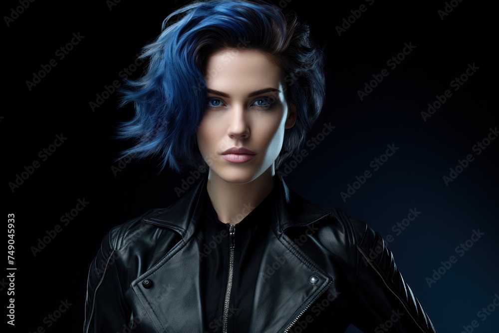 a woman with blue hair in a black leather jacket a woman with blue hair in a black leather jacket