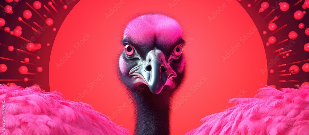 A pink and black feathered ostrich stands out against a vibrant red background. The unique color combination creates a striking visual contrast in this modern art piece.