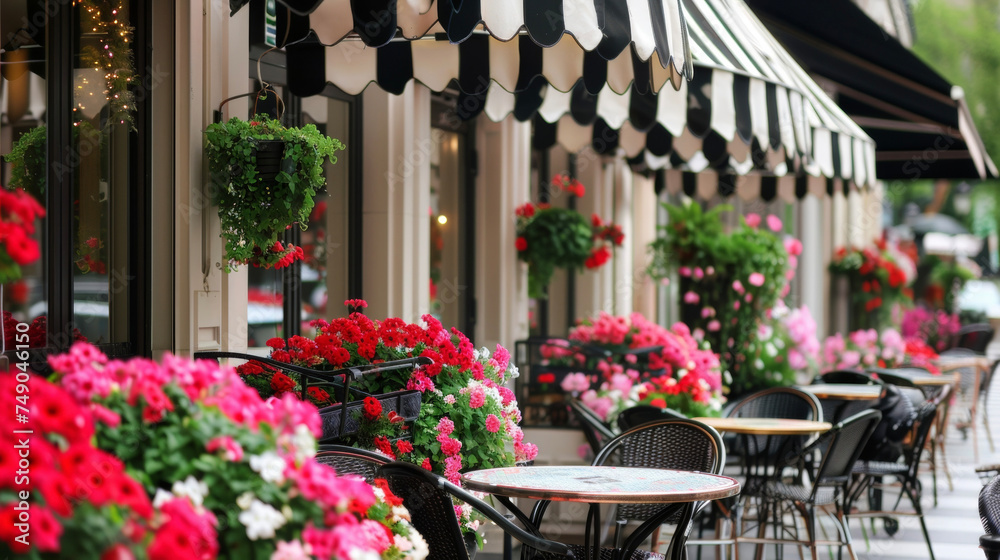 A charming Parisianstyle café with black and white striped awnings wrought iron tables and chairs and vibrant floral accents. A charming Parisianstyle café with black and white striped awnings wrought iron tables and chairs and vibrant floral accents.