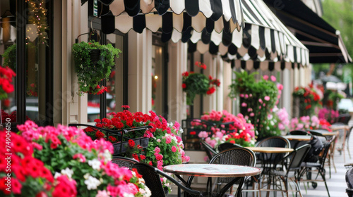 A charming Parisianstyle café with black and white striped awnings wrought iron tables and chairs and vibrant floral accents. photo