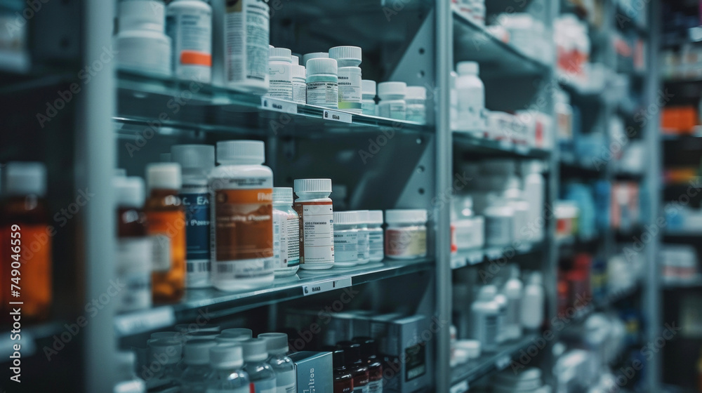 A tight shot of a pharmacy shelf with various medications highlighting how blockchain can ensure the authenticity and quality of each product on the market. A tight shot of a pharmacy shelf with various medications highlighting how blockchain can ensure the authenticity and quality of each product on the market.