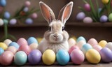 A brown and white bunny sits amidst a colorful array of pastel Easter eggs. The scene exudes a festive springtime atmosphere with a hint of playful charm. AI generation