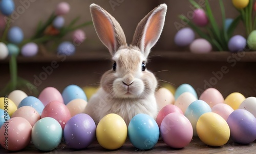 A brown and white bunny sits amidst a colorful array of pastel Easter eggs. The scene exudes a festive springtime atmosphere with a hint of playful charm. AI generation