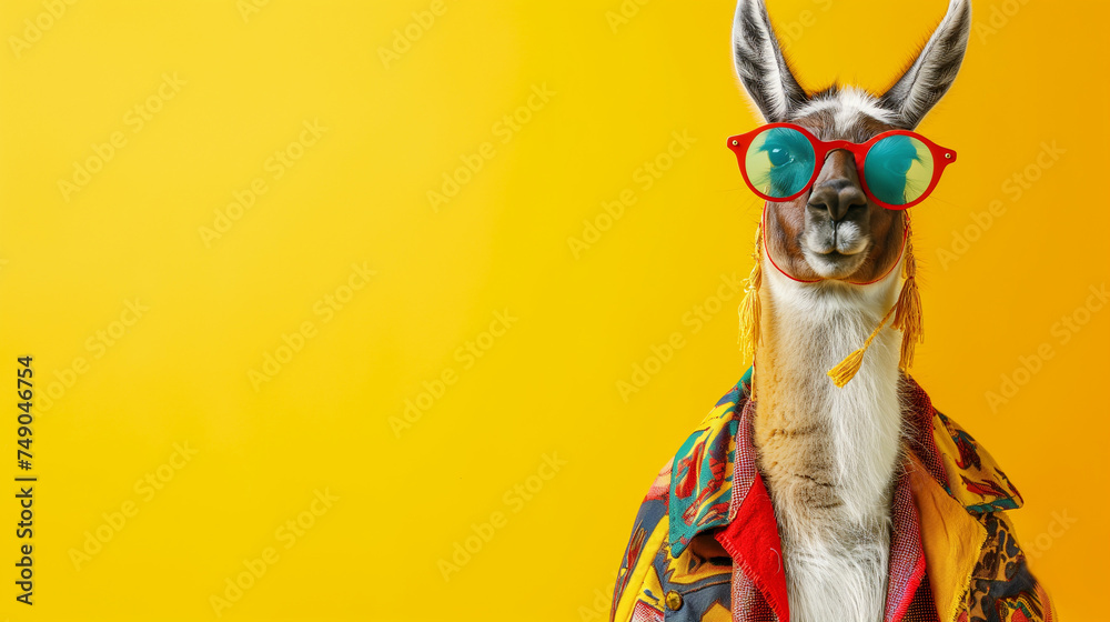 Lhama usando óculos e roupas coloridas de hippie isolada no fundo amarelo - Papel de parede  - obrazy, fototapety, plakaty 