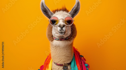 Lhama usando óculos e roupas coloridas de hippie isolada no fundo amarelo - Papel de parede  photo