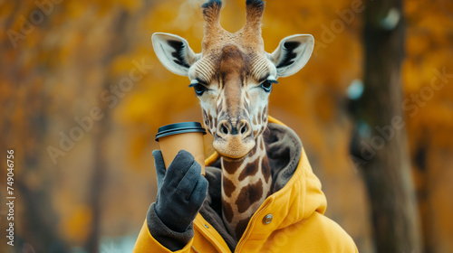 Girafa usando roupas e agasalho de inverno ao ar livre tomando um café -  Papel de parede © Vitor