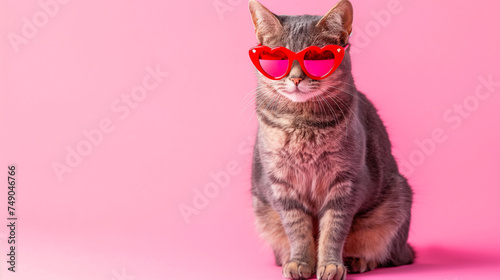Gatinho fofo usando um oculos em formato de coração isolado no fundo rosa - Papel de parede photo