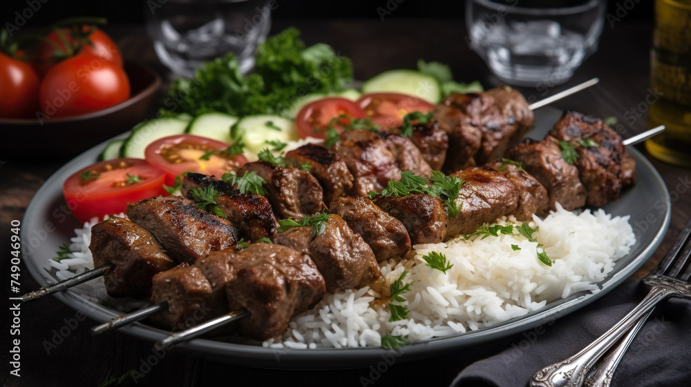 Grilled meat skewers served with rice and fresh salad Grilled meat skewers served with rice and fresh salad