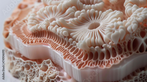A detail shot of a 3D printed organ model with visible layers and patterns created by the bioprinting process.