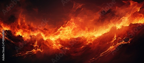 A large fire blazes brightly against the dark backdrop, casting flickering shadows. Flames dance and crackle, illuminating the surrounding area with an intense glow.