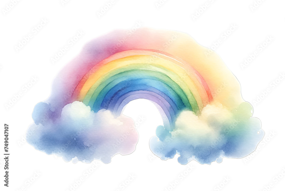 A rainbow between two clouds. St. Patrick's Day symbol of lucky. illustration element in watercolor style on transparent background - obrazy, fototapety, plakaty 
