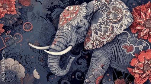 Elephant illustration, adorned with intricate, artistic and captivating patterns. generative ai