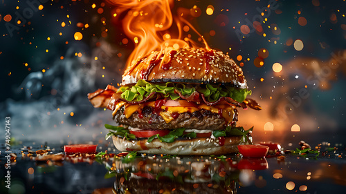 delicious burger with explosion of flavor and charcoal flames