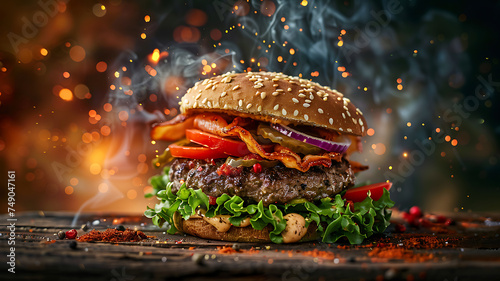 delicious burger with explosion of flavor and charcoal flames