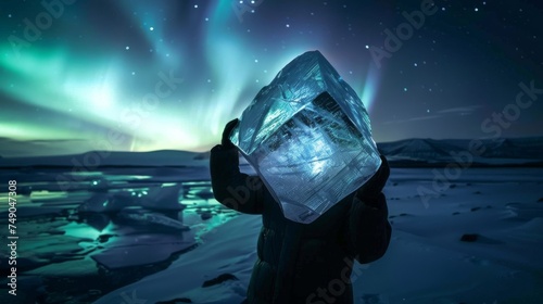In an arctic landscape, an explorer examines a large ice crystal beneath the vibrant green aurora borealis photo